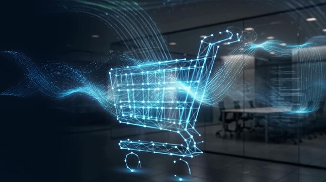 Futuristic Digital Shopping Cart Hologram Glowing Data Visualization