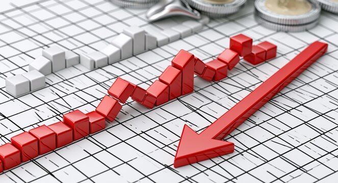 Red arrow pointing down on a financial graph, representing stock market decline and economic downturn