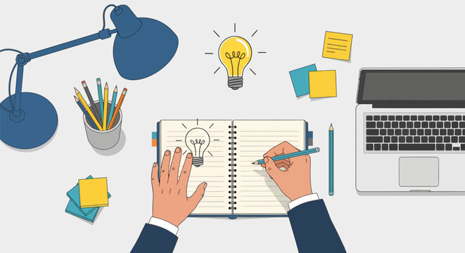 Vector illustration of a creative thinker sketching a luminous light bulb, symbolizing brainstorming, problem-solving, innovation, and the generation of new professional ideas.