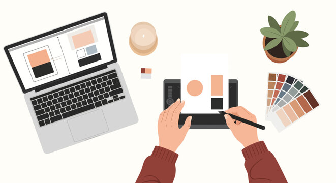 Professional creative worker designing digital art on a computer screen in a minimalist workspace vector illustration, featuring modern office equipment and artistic tools.