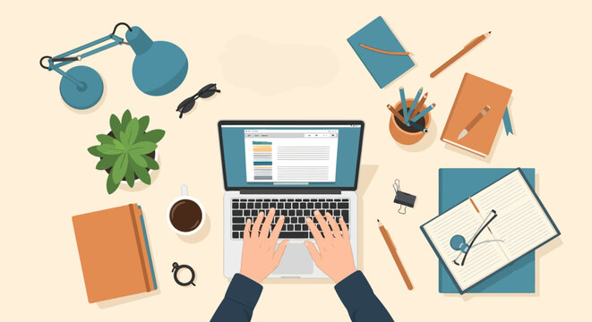 Vector illustration of a creative professional worker sitting at a modern desk and typing on a laptop keyboard in a bright, clean contemporary home office workspace with plants.
