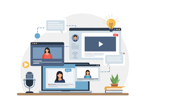 Vector illustration of a professional content creator generating a digital explainer video with motion graphics software on a laptop computer in a modern workspace environment.