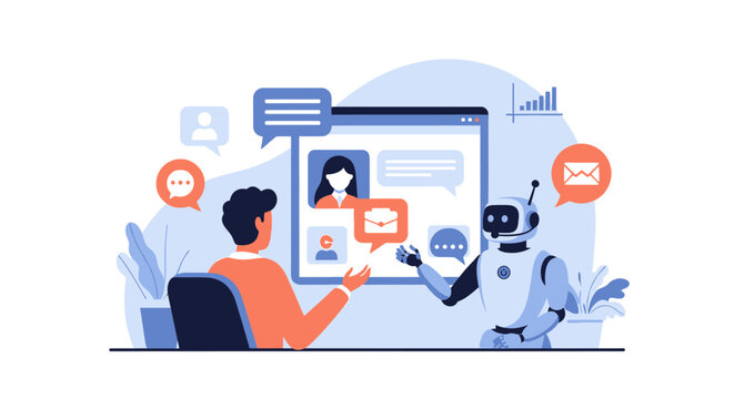 Vector Illustration of a Person Holding a Smartphone Receiving an Automated Customer Support Notification with Digital Icons and Data Elements for Mobile App Interface Design.