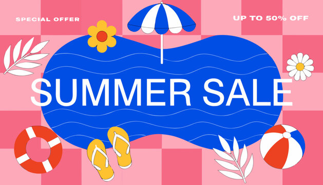 Summer sale announcement with pool float flip flops and beach ball for seasonal promotion
