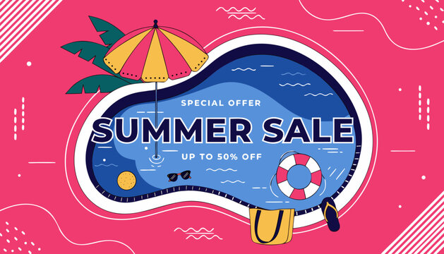 Summer sale announcement in a vibrant pool with beach accessories and special offer details