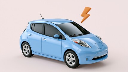 Obraz premium Light Blue Electric Car Charging with Orange Lightning Bolt Icon on a Minimalist Pink Background