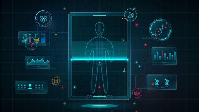 Futuristic health care system interface with glowing body scan, medical icons, biometric charts and connected HUD panels on dark grid background.