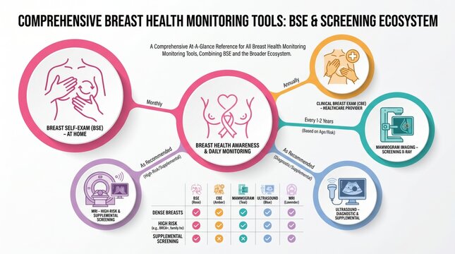 Comprehensive breast health screening ecosystem hub-and-spoke diagram with five modalities