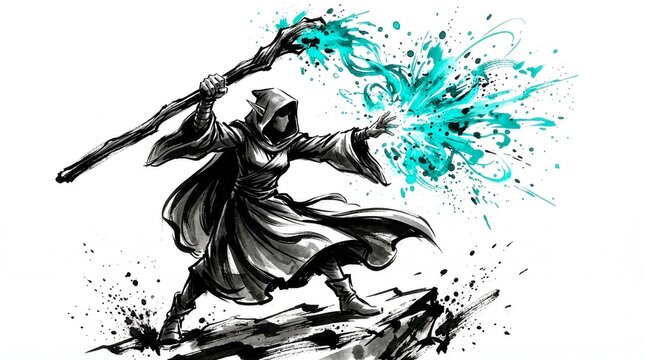 Illustration of a hooded elf mage casting a spell with a staff