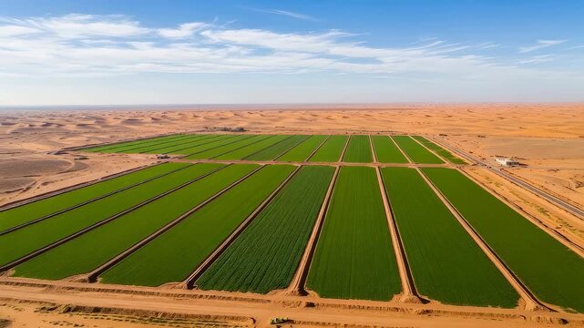 Aerial view of agricultural fields in desert. Irrigated green crop rows surrounded by sand dunes. Farming development for sustainable environmental land reclamation.