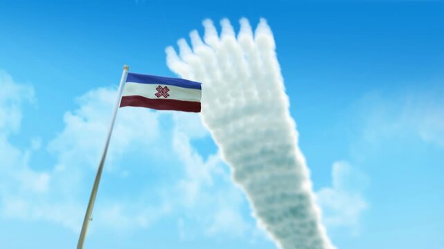 Mari El Flag 3D Render Animation on Pole with Fighter Jets Smoke Trails in Blue Sky - Low Angle View