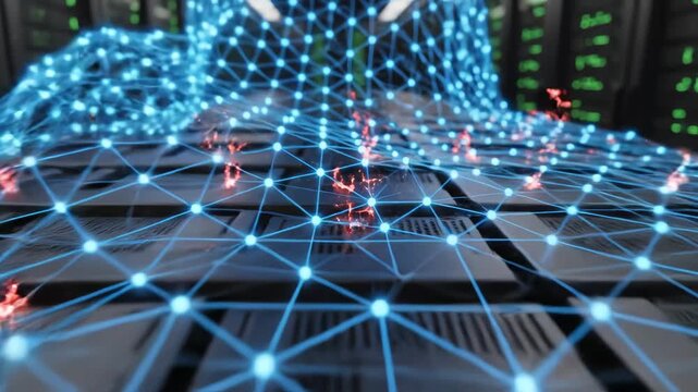 Server room with digital network overlay highlighting artificial intelligence and digital evolution