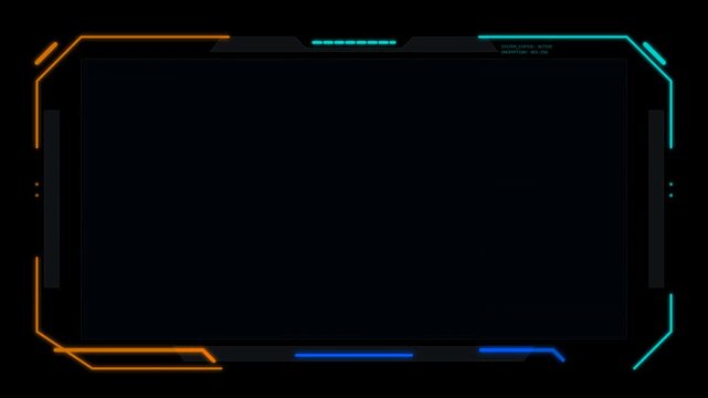 Futuristic HUD frame interface with glowing neon borders overlay for video production representing high-tech cyber security