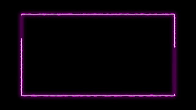 Purple flickering neon rectangle frame tracing on black background representing retro aesthetic and digital border signage.