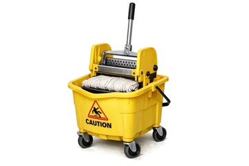 Fototapeta premium A yellow mop bucket filled with various cleaning supplies and tools
