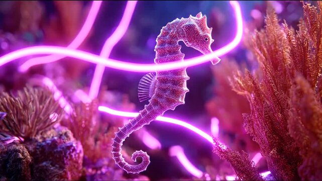Seahorse swimming in a vibrant coral reef with glowing neon purple lights, creating a surreal underwater spectacle.