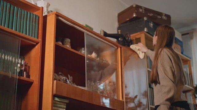 Caucasian woman reaches for box on top shelf in cozy library interior, braids fall over shoulder as she lifts dusty case from cabinet display, deliberate movement reveals curated collection of books