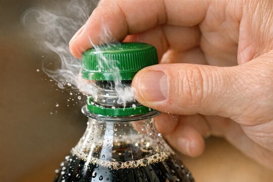 A person holding a soda bottle with a green cap, pouring its contents