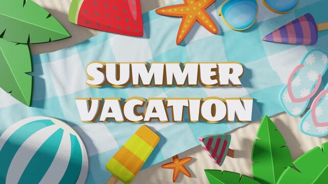 Summer vacation beach scene with towel, sunglasses, flip flops and tropical decorations