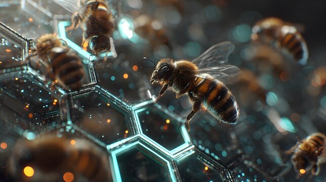 Futuristic beehive structure with sleek geometric design integrated with IoT sensors, glowing data indicators embedded within hexagonal cells, bees interacting naturally with the advanced hive,