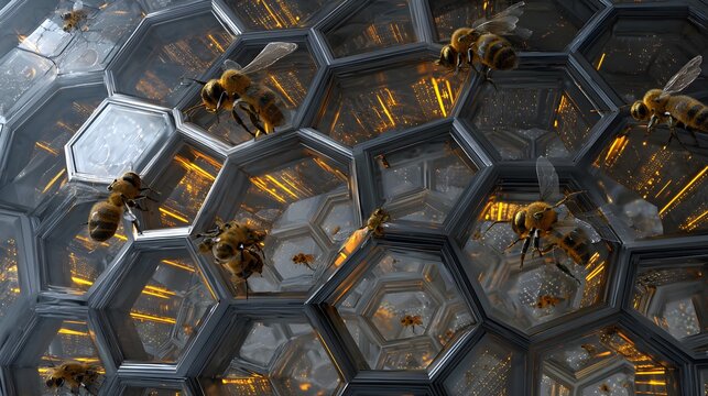 Futuristic beehive structure with sleek geometric design integrated with IoT sensors, glowing data indicators embedded within hexagonal cells, bees interacting naturally with the advanced hive,