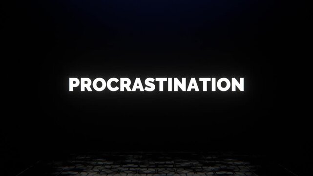 Glowing digital procrastination text typography with glitch effect representing delay deadline and productivity issues