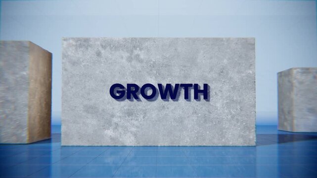 Growth concept text typography on concrete block with reflective blue floor representing business progress and success