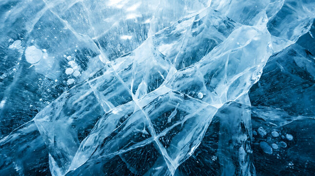Cracked blue ice texture on frozen lake