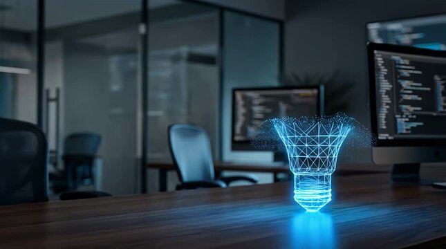 Glowing Holographic Light Bulb Visualization in Modern Office
