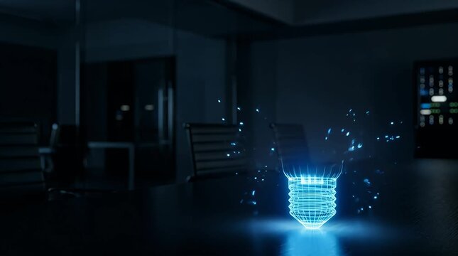 Glowing Holographic Light Bulb Visualization in Dark Office Environment