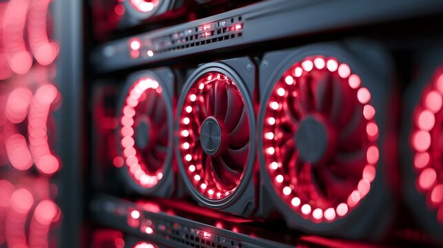 Close-up of a high-performance computer cooling fan with glowing red LED lighting for gaming PC hardware