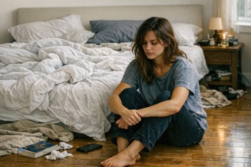 Obraz premium A person sitting on the floor, looking up at a bed with a calm expression