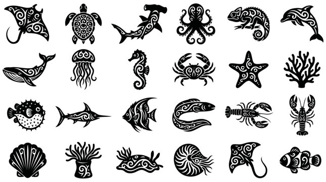 Collection of marine animal silhouette illustrations featuring sea creatures and ocean life in black and white