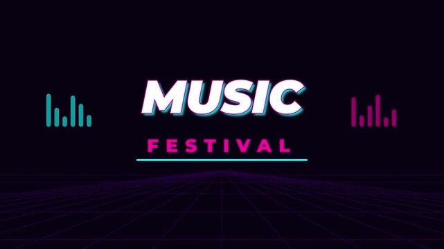Neon music festival animated title with equalizer and wave background