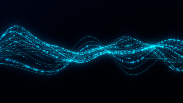 Cyan glowing light wave with flowing particle trails on a dark background. Abstract digital stream for technology interfaces, data motion,cyber screens, VJ graphics, and futuristic design.