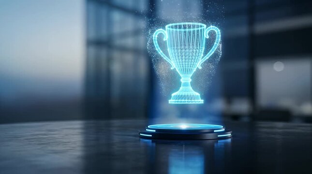 Glowing Holographic Trophy Displayed in Modern Office Environment