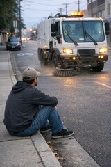 Fototapeta premium A person sits next to a garbage truck, a common scene in urban environments