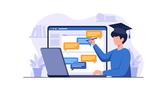 Course Creator Designing Online Education Program with Digital Interface Icons, Professional Instructor Planning E-Learning Curriculum on Laptop for Distance Learning Platform Illustration