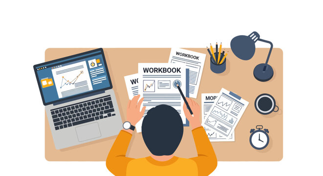 Flat vector illustration of a professional course creator sitting at a modern desk designing an educational workbook layout on a laptop, featuring digital graphics and icons.