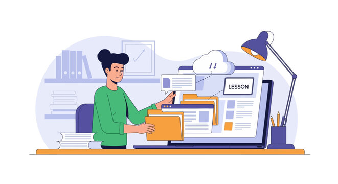 Vector illustration of a professional course creator organizing digital lesson plans and educational modules for an online curriculum within a modern home office environment.