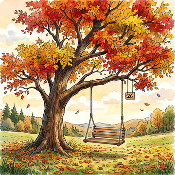 Autumn tree with swing in a park illustration