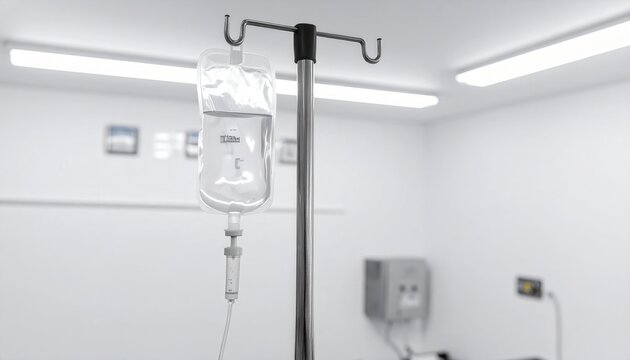Sterile IV bag filled with saline solution hangs from a polished metal pole in a clean hospital room.