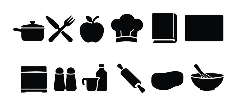 Minimalist kitchen icons set, black silhouette cooking symbols for restaurant menu, 12 culinary vector elements for food blog and recipe book design