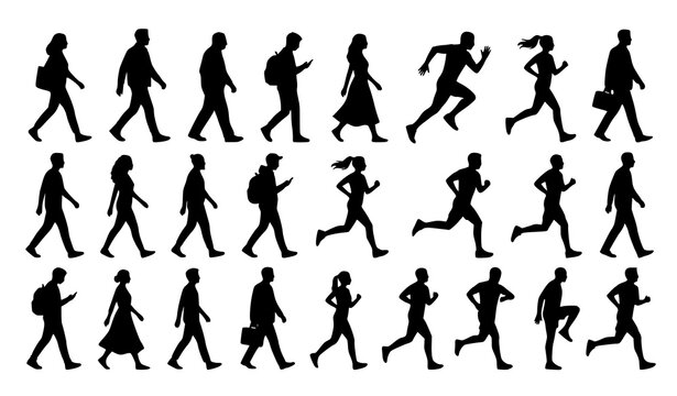 Diverse people walking and running silhouette vector collection isolated on white background