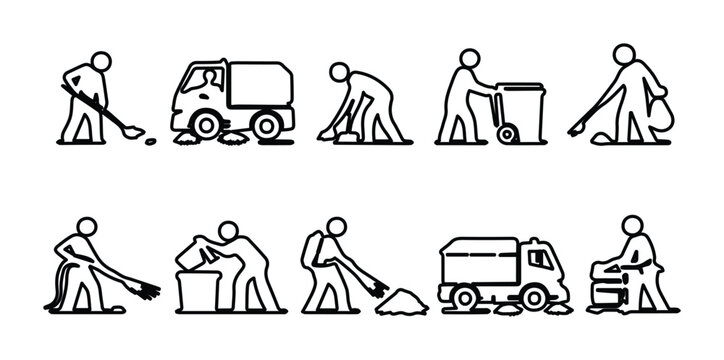 Street cleaning line icons set, professional sanitation workers and garbage truck vector, urban waste management and janitorial service symbols
