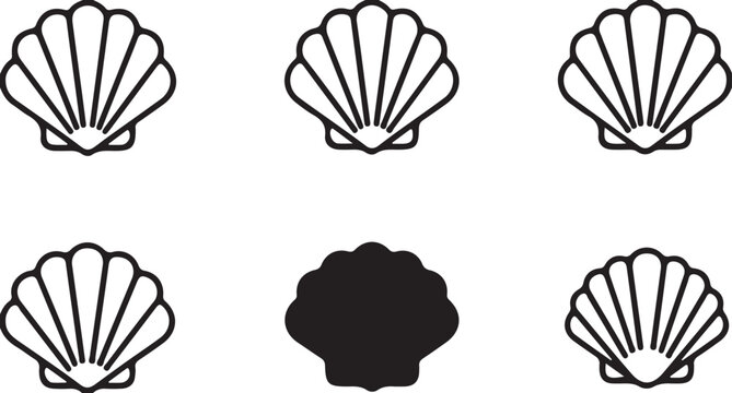 Scallop shell icons set black and white linear design