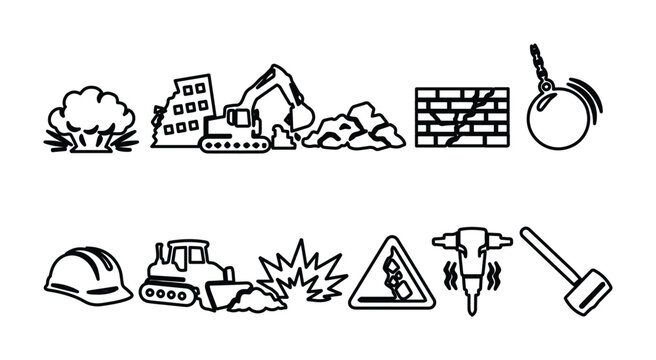 Demolition and construction icon set, black line vector symbols of building destruction, heavy machinery and wrecking equipment icons