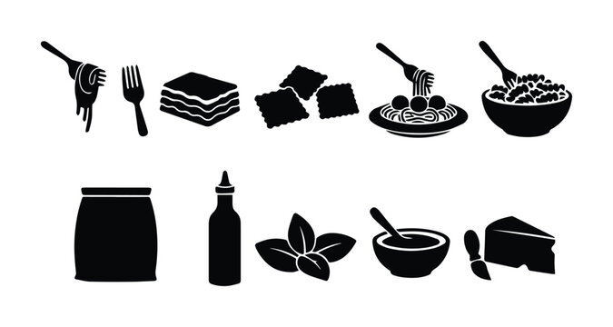 Italian pasta icons set, black silhouette food vector collection, spaghetti and lasagna symbols for restaurant menu design and culinary branding
