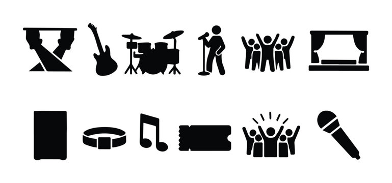 Live music concert icon set, black silhouette performance symbols, 12 vector icons for music festival events and stage entertainment