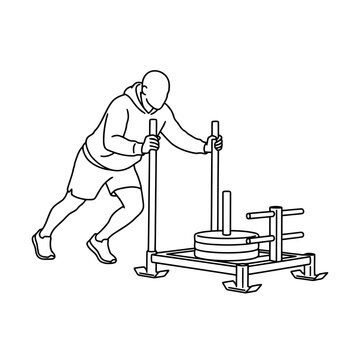 Line art illustration of man pushing a heavy weight sled for strength training